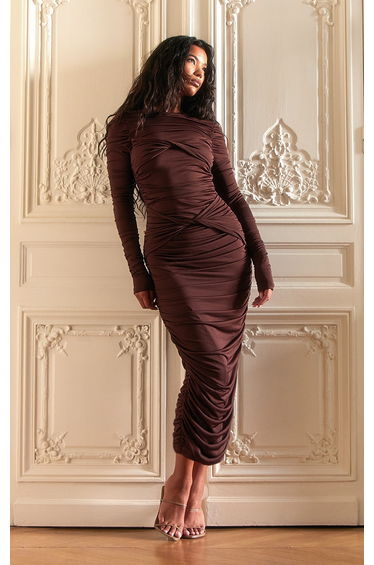 PLT Label Dark Brown Double Layer Slinky Asymmetrical Panel Midaxi Dress