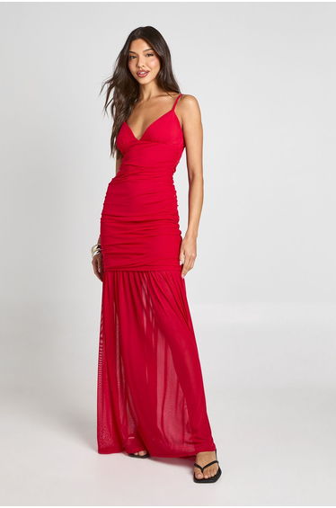 Mesh Cami Maxi Dress With Mesh Hem - red
