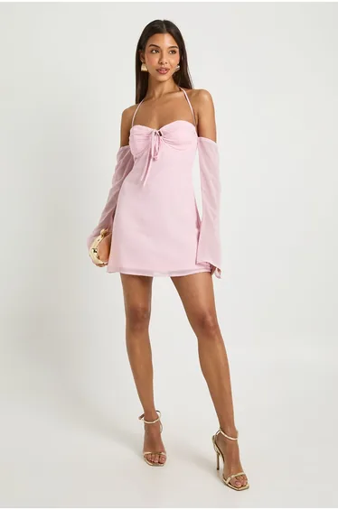 Chiffon Long Sleeve Mini Dress - pink