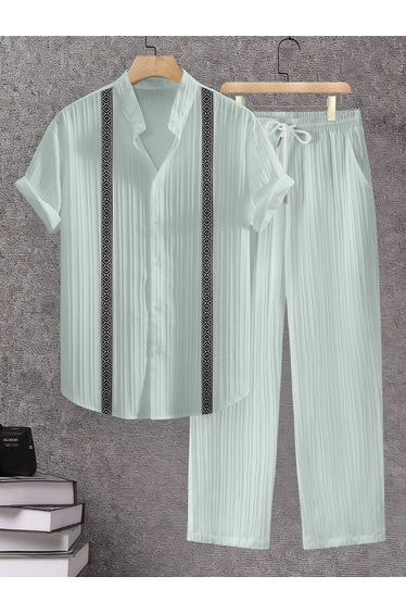 Men Green Jacquard Stand Collar Short Sleeve Button Front Shirt and Pants Co-Ords