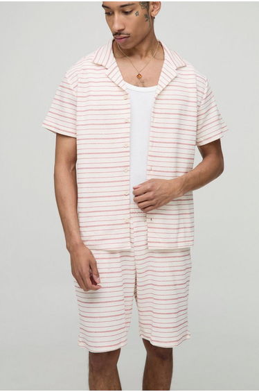 Regular Fit Waffle Textured Stripe Revere Collar Jersey Shirt and Shorts Set - ecru