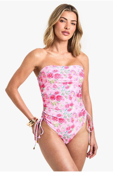 Ruched Bandeau Swimsuit - pink