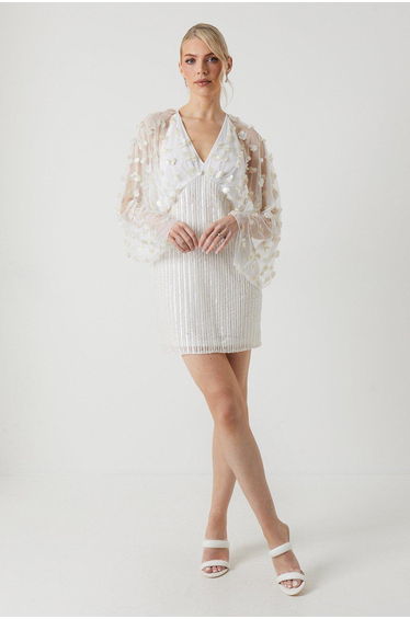Floral Embellished Kimono Wedding Mini Dress
