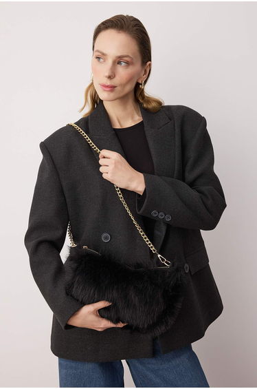 Black Chain Strap Faux Fur Women's Shoulder Bag
