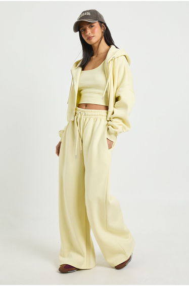 Petite Deep Hem Crop Top 3 Piece Hooded Tracksuit - lemon