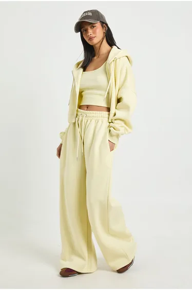 Petite Deep Hem Crop Top 3 Piece Hooded Tracksuit - lemon