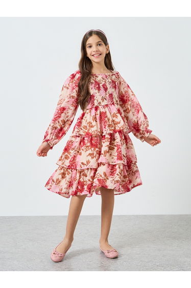 Girls Pink Floral Print Smocked Tiered Dress