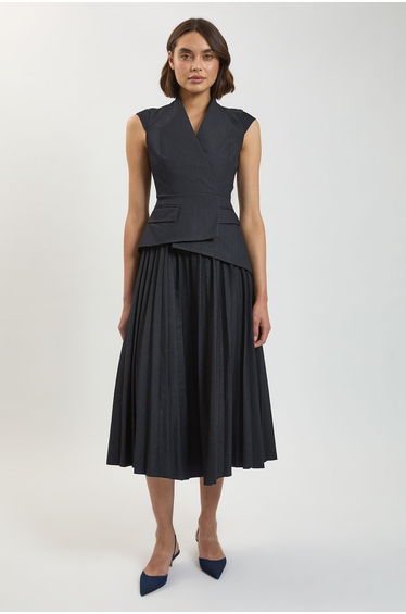 Tailored Denim Pleated Midi Dress