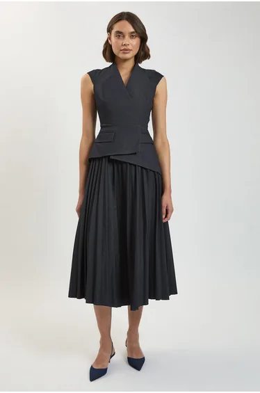 Tailored Denim Pleated Midi Dress
