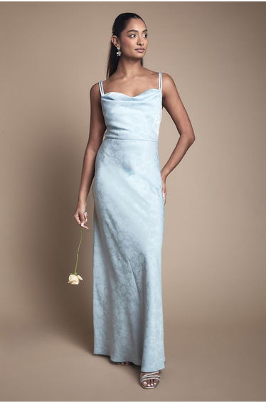 Double Strap Cowl Neck Satin Jacquard Bridesmaid Dress