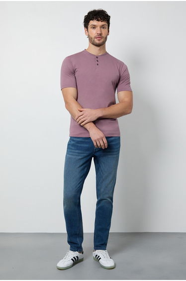 Dark Pink Grandad Neck T-Shirt