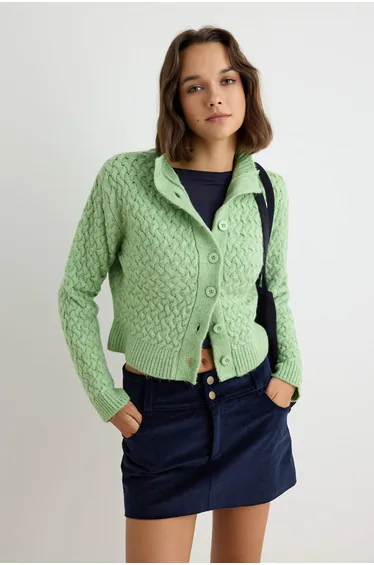 Mint Textured Turn-Down Collar Low Sleeve Knitwear Cardigan