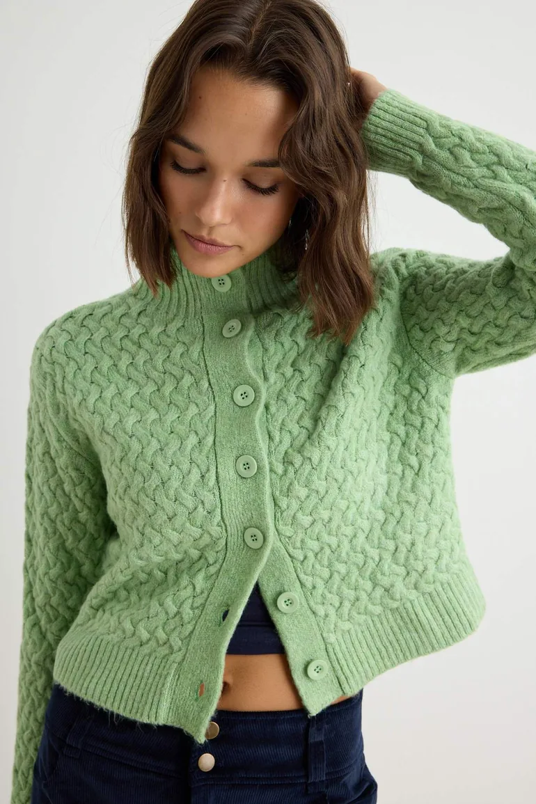 Mint Textured Turn-Down Collar Low Sleeve Knitwear Cardigan - 2