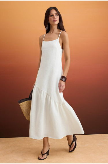 White 100% Linen Strappy Maxi Woven Lined Dress