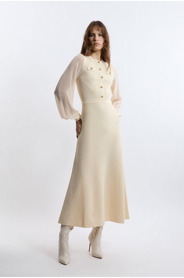 Viscose Blend Midaxi Knit Dress With Chiffon Sleeve Military Trim