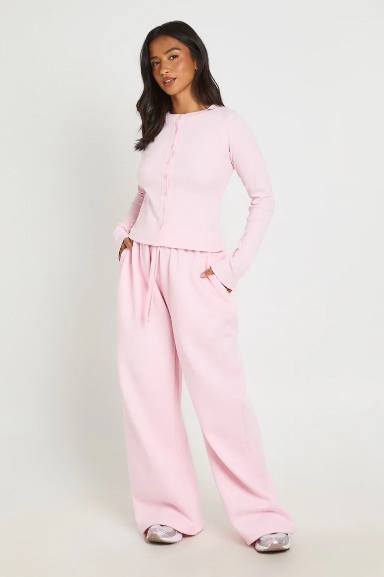 Petite Rib Button Through Long Sleeve Top Tracksuit - light pink