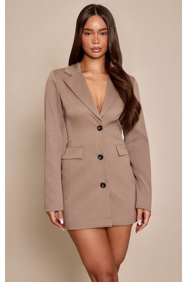 Mocha Tailored Woven Back Button Detail Blazer Dress