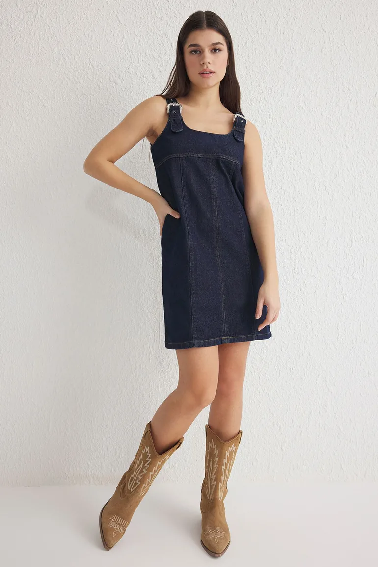 Dark Blue Buckled Adjustable Strap Mini Denim Dress Trendyol Navy : Day  Dresses : VogaCloset Oman