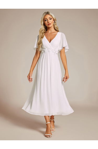 ever DAHLIA|Short Sleeves V-Neck Tea Length Wedding Guest Dress with Floral Applique