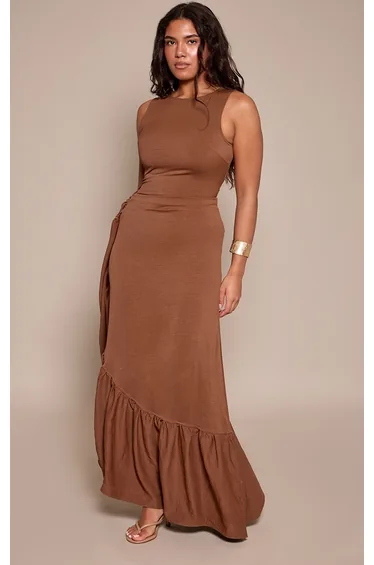 Shape Chocolate Woven Boat Neck Side Split Frill Maxi Dress
