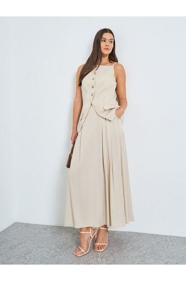 Solid Pleated Detail A-Line Maxi Skirt