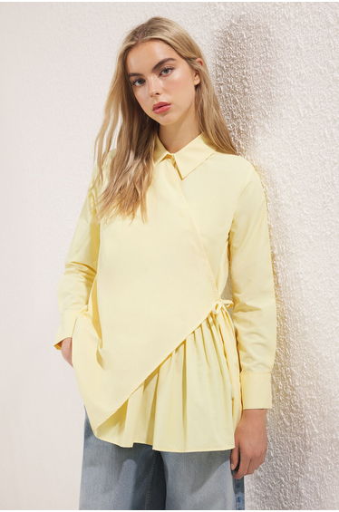 Light Yellow Shirt Collar Double Breasted Pleated Detailed Woven Shirt