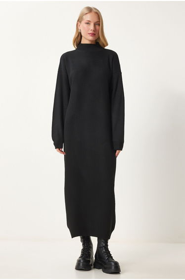 Women's Black Turtleneck Long Knit Dress