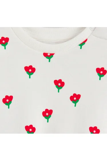 Press-Studded Crew Neck Sweatshirt with Flowers Print