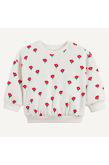 Press-Studded Crew Neck Sweatshirt with Flowers Print