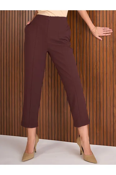Women Burgundy Front Darted High Rise Pants