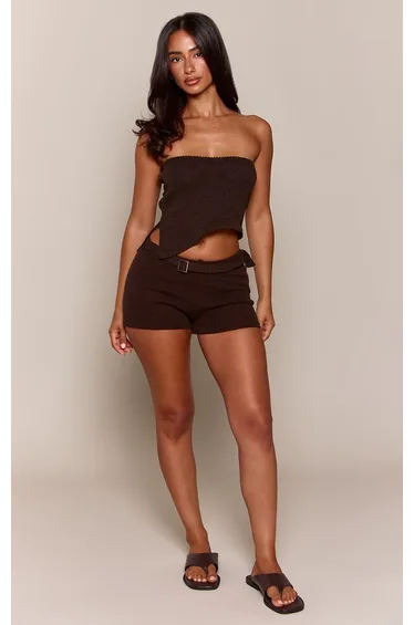 Petite Chocolate Belt Detail Fitted Knit Mini Shorts