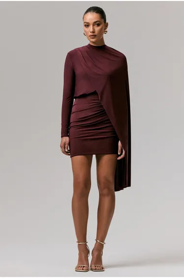 Celeste | Burgundy Long-Sleeve Mini Dress With Cape Sleeve
