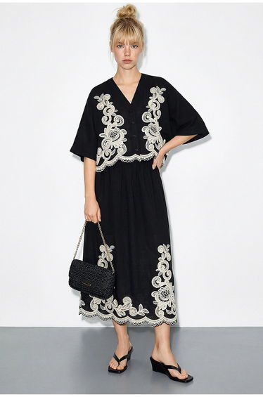 LUCCI Oversized V-neck Embroidered 3/4 Sleeve Shirt and Wide Leg Pants Set