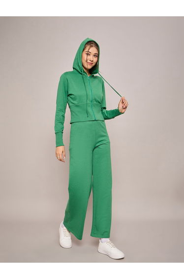 Terry Front Zipper Crop Hooded Jacket
