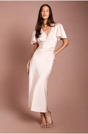 Blush Satin Twist Front Angel Sleeve Midi Bridesmaid Dress