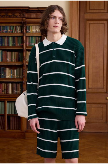 Tall Stripe Knitted Oversized Rugby Polo - green
