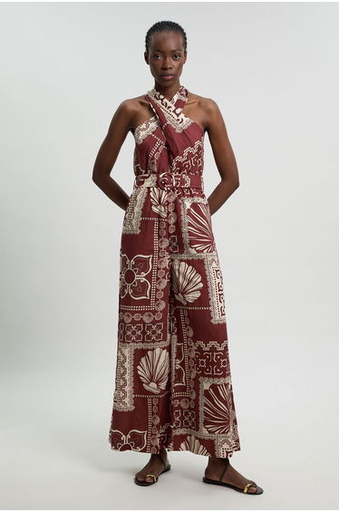 Petite Linen viscose tile print belted woven jumpsuit