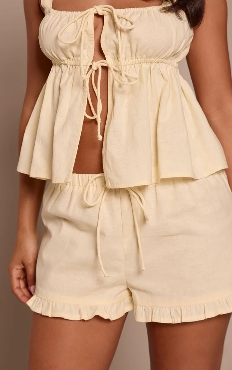 Petite Buttercream Drawstring Waist Frill Hem Linen Mini Shorts Co-ord - 1