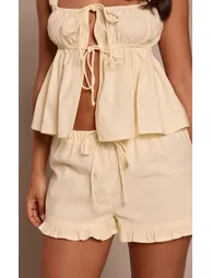 Petite Buttercream Drawstring Waist Frill Hem Linen Mini Shorts Co-ord - 1