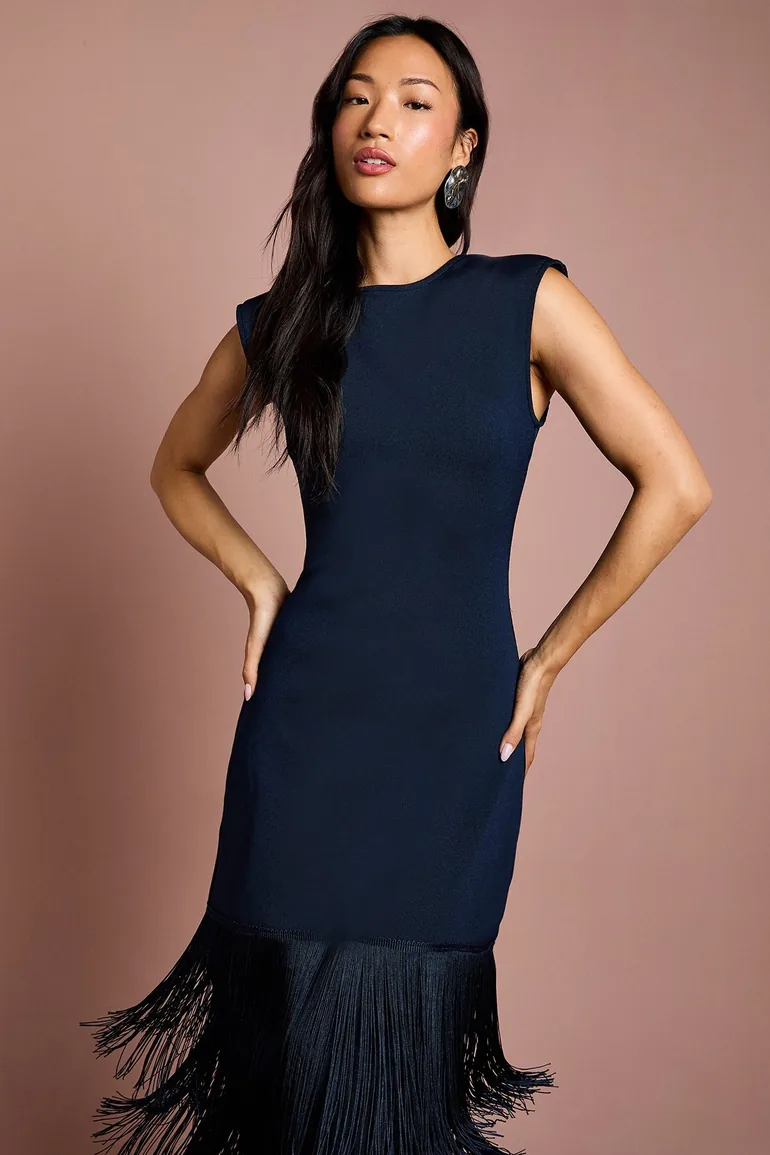 Bandage Knit Fringed Hem Dress - 1