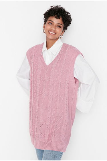 Pink V Neck Knitwear Sweater