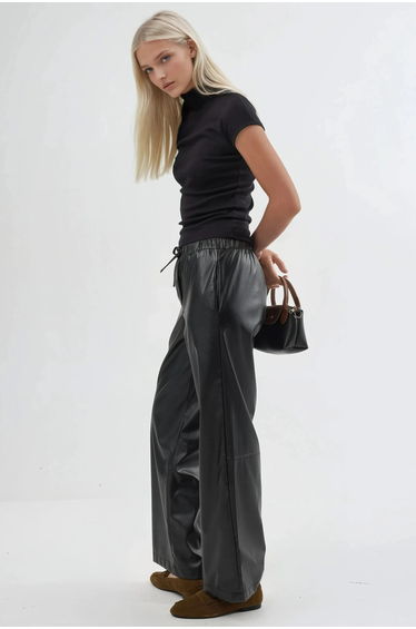 BUSEM High Waist Faux Leather Pants with Drawstring