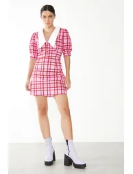 Glamorous Short Puff Sleeve Pink Red Grid Check Mini Dress with Collar Detail - 2