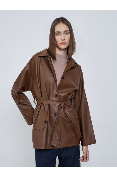 Brown Longline PU Jacket with Tie Belt