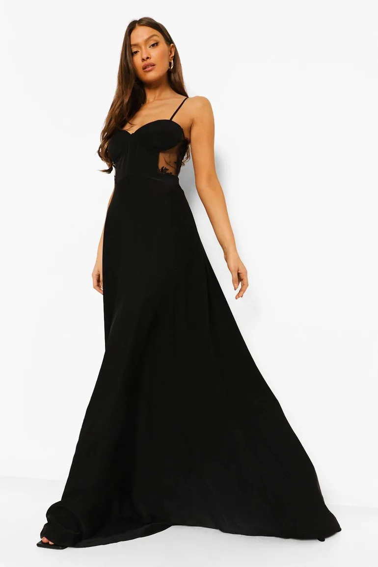 Contrast Lace Corset Maxi Dress - black
