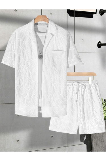 Men White Textured Short Sleeve Button Front Shirt and Shorts Co-Ords
