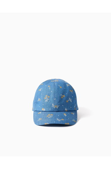 Denim Cap With Floral Motif For Babies And Girls Blue