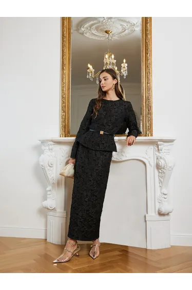 Women Floral Jacquard Belted Top and Skirt Co-Ords