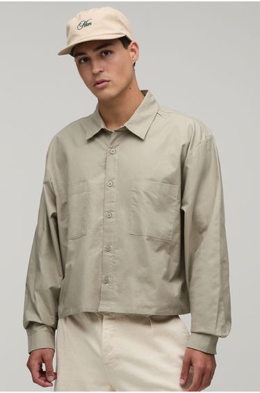 Boxy Fit Cropped Long Sleeve Oxford Shirt - beige
