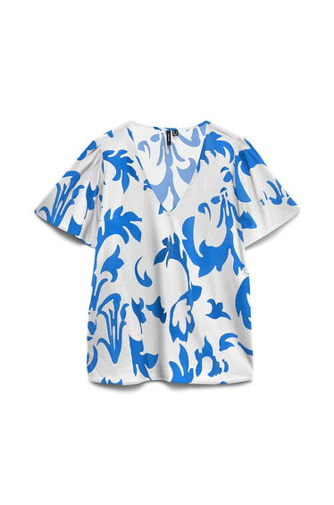 Printed V-Neck Blouse with Short Sleeves